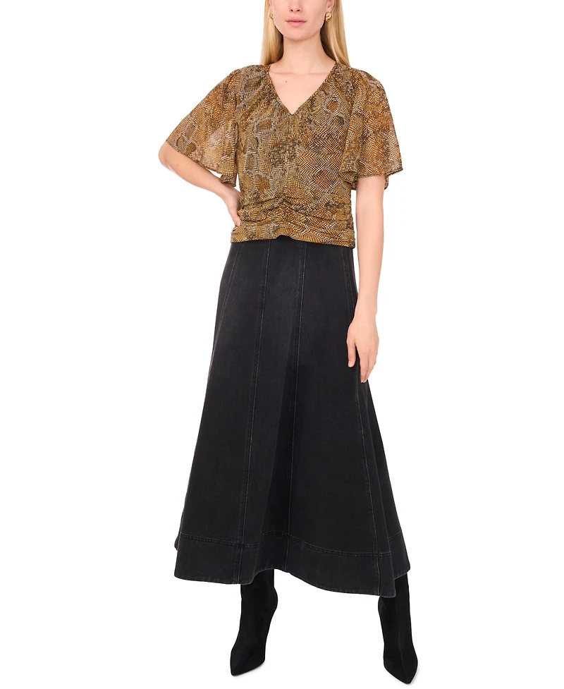 1.state Women's Flutter Center Front V-Neck Shirring Shirt