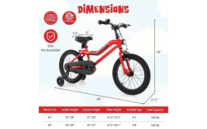16 Inch Kids Bike with Led Lights, Adjustable Carbon Steel Frame for Ages 4-7