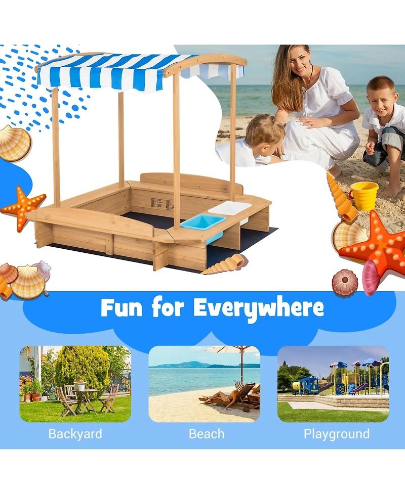 Kids Wooden Sandbox with Striped Canopy