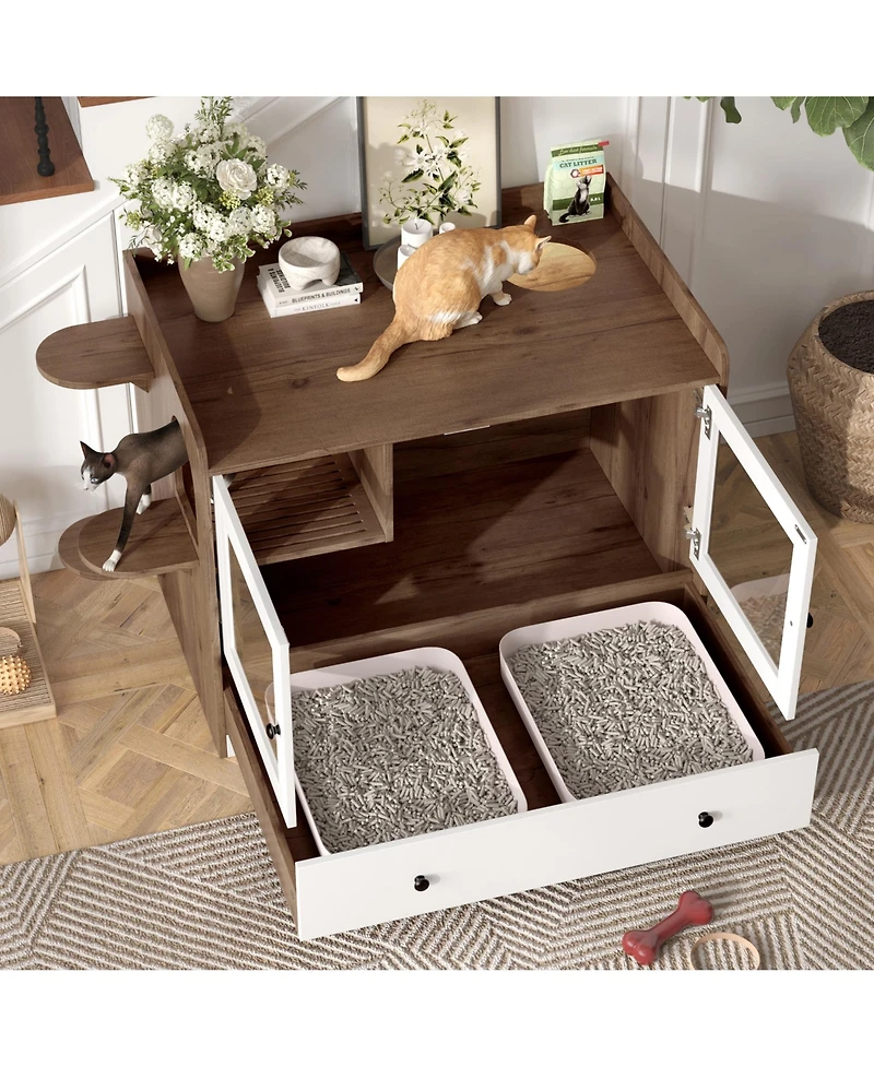 Casainc 43" Cabinet Cat Litter Box Enclosure Hidden Cat Litter Box with Drawer and Stairs