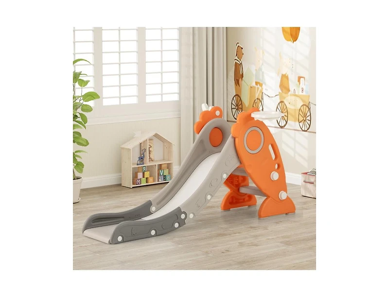 4-in-1 Indoor Slide for Kids Age 3+ with Basketball Hoop and Rings