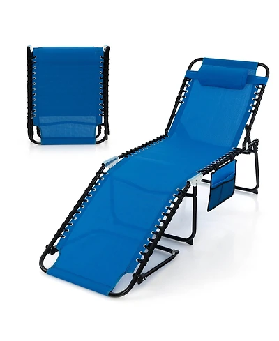 Gymax Folding Chaise Lounge Portable Lay Flat Reclining Chair w/ 4-Level Backrest Side Pocket