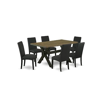 East West Furniture 7-Pc Modern Dining Table Set- 6 Dining Padded Chairs with Black Linen Fabric Seat and Stylish Chair Back