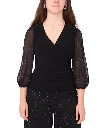 Msk Women's V-Neck Puff Sleeve Wrap Top