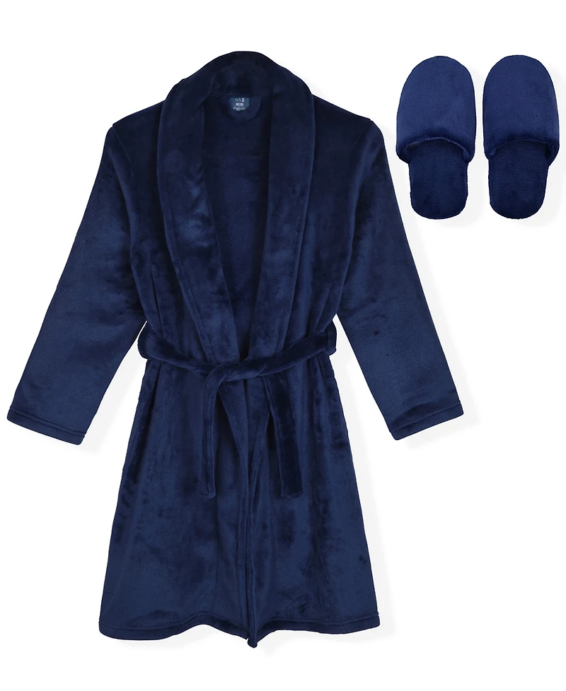 Max & Olivia Little and Big Boys 2-Piece Flannel Fleece Robe Slippers Set