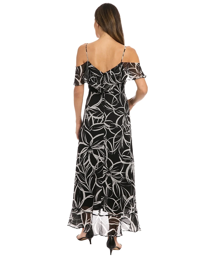 London Times Petite Printed Cold-Shoulder Maxi Dress
