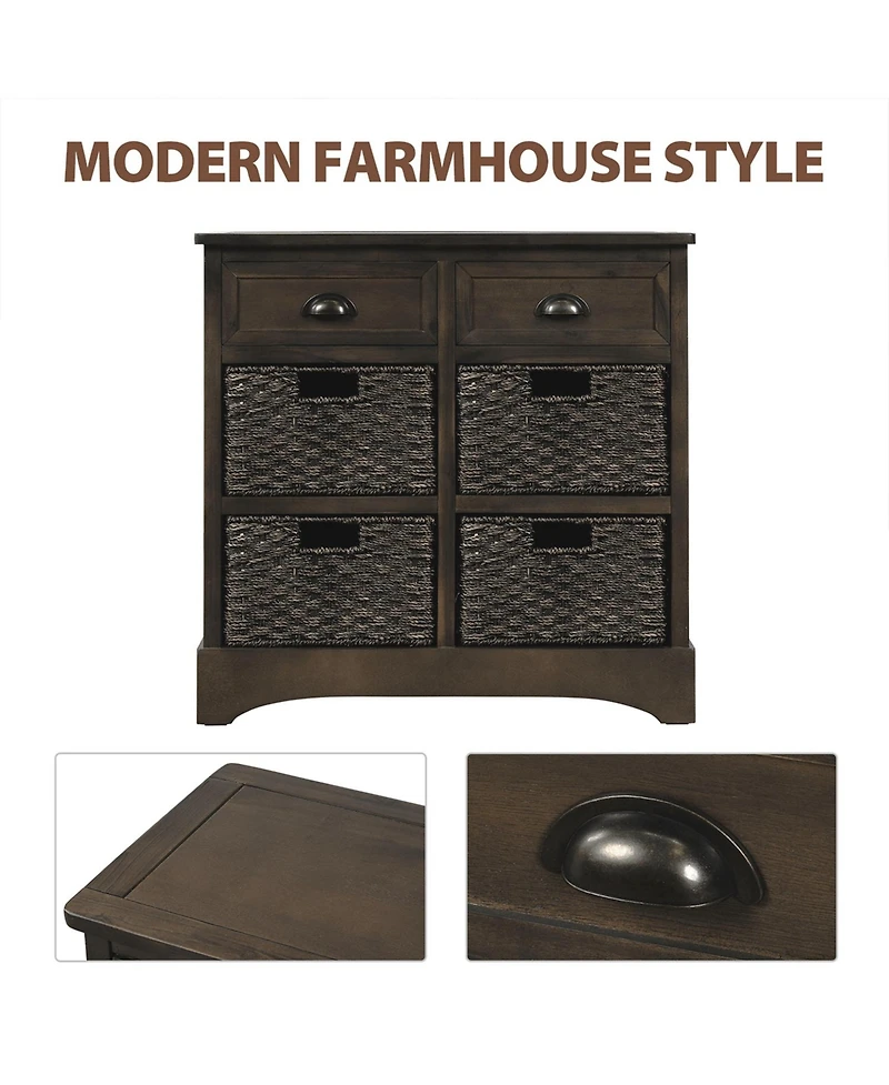Casainc Rustic Storage Cabinet with Two Drawers and Four Classic Rattan Basket