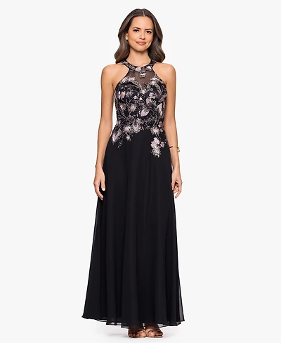 Betsy & Adam Women's Long Mesh Sequin Embroidered Sleeveless Dress