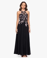 Betsy & Adam Women's Long Mesh Sequin Embroidered Sleeveless Dress