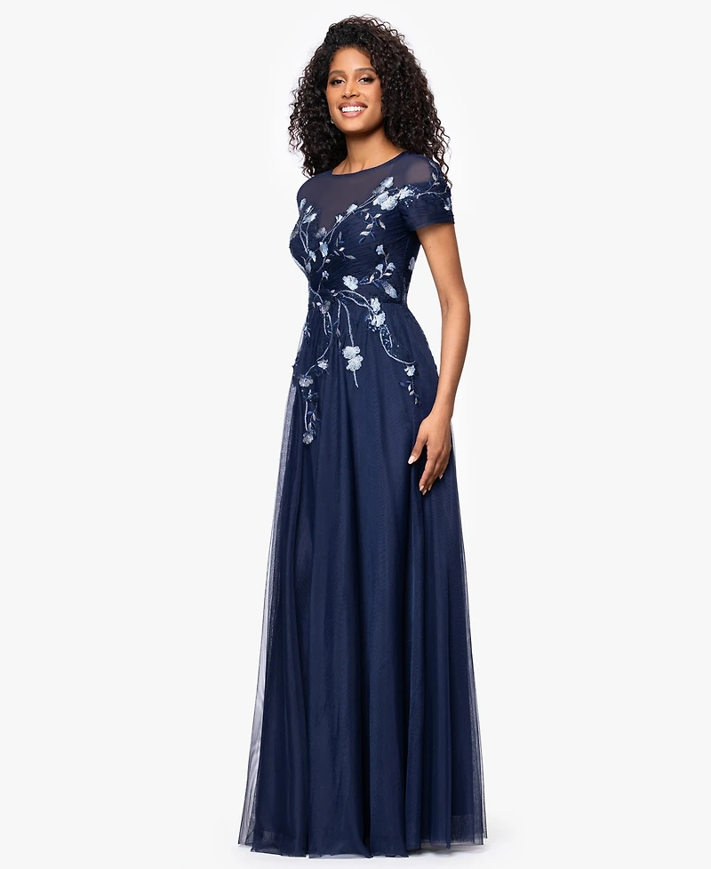 Betsy & Adam Women's Long Mesh Sequin Embroidered Cap Sleeve Dress