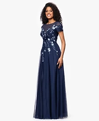 Betsy & Adam Women's Long Mesh Sequin Embroidered Cap Sleeve Dress