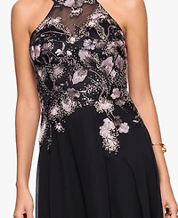 Betsy & Adam Women's Long Mesh Sequin Embroidered Sleeveless Dress