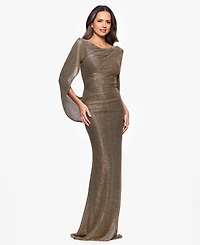 Betsy & Adam Women's Long Metallic Crinkle Drape Back Boat Neck Dress