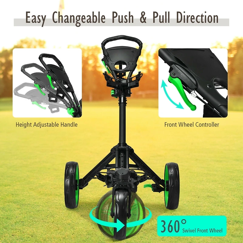 Folding Golf Push Cart with Scoreboard, Adjustable Handle, and Swivel Wheel - Green