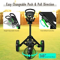 Folding Golf Push Cart with Scoreboard, Adjustable Handle, and Swivel Wheel - Green