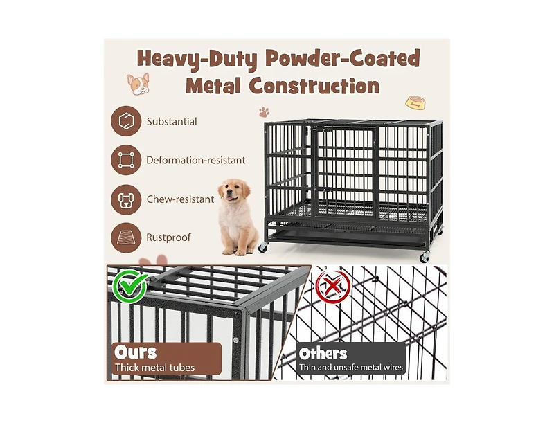 38 Inch Foldable Heavy-Duty Metal Dog Cage with Lockable Rolling Casters and Tray