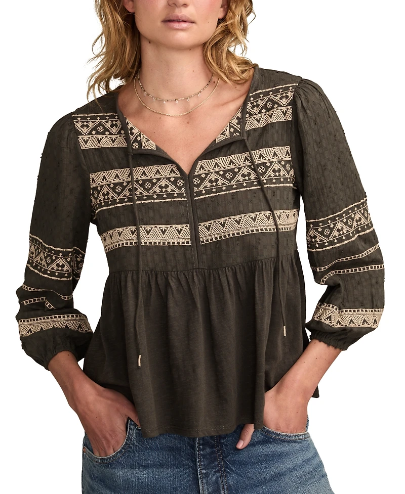 Lucky Brand Women's Mixed Trim Peasant Top