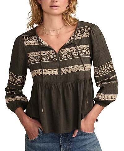 Lucky Brand Women's Mixed Trim Peasant Top