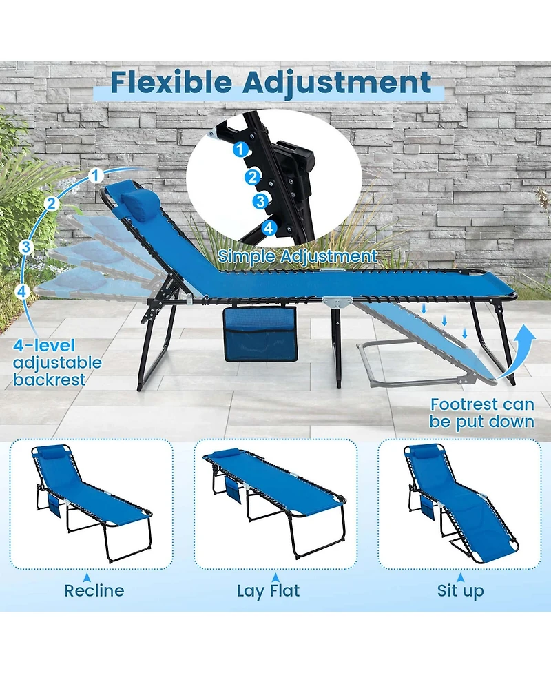Gymax 2 Pcs Folding Chaise Lounge Portable Lay Flat Reclining Chair w/ 4-Level Backrest Side Pocket