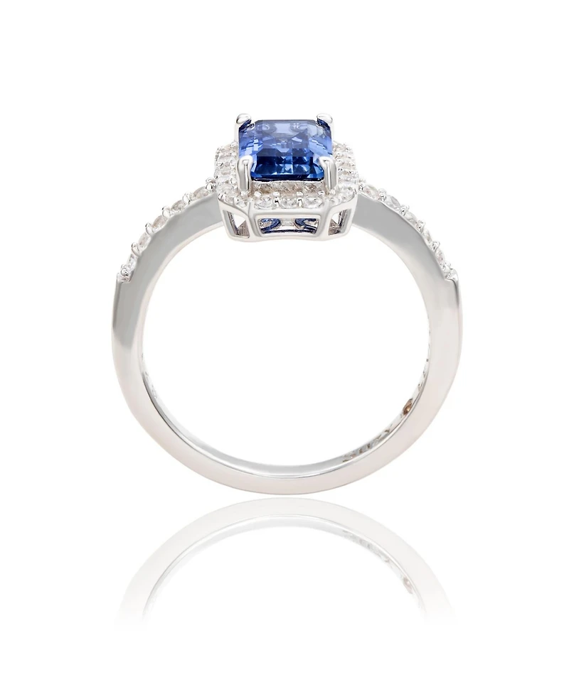 Suzy Levian Sterling Silver Emerald Cut Sapphire & Created White Halo Ring