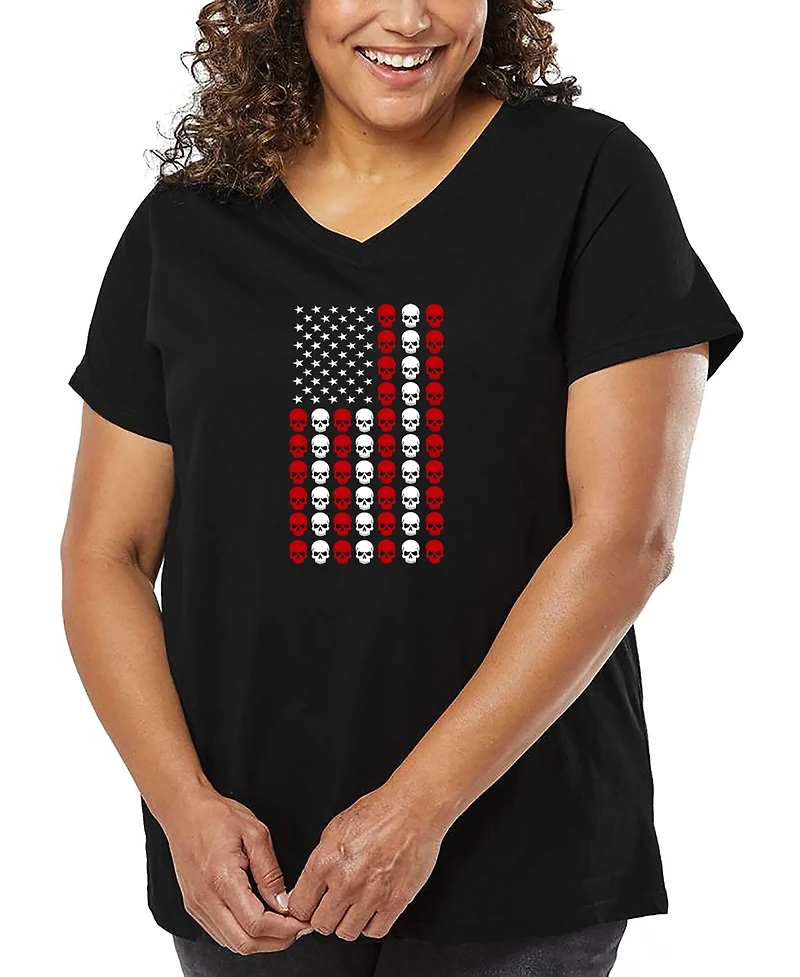 La Pop Art Plus Skull Flag Word V-Neck T-Shirt