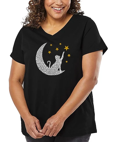 La Pop Art Plus Cat Moon Word V-Neck T-Shirt
