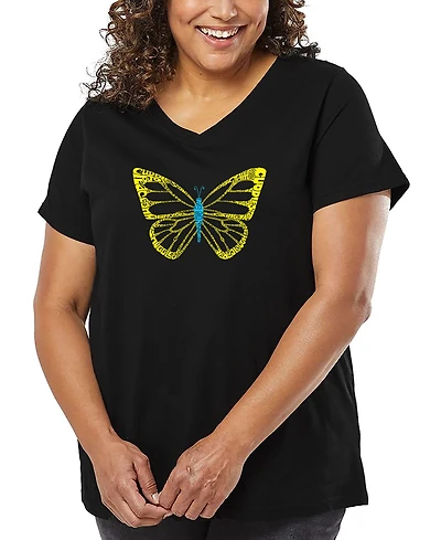 La Pop Art Plus Butterfly Word V-Neck T-Shirt