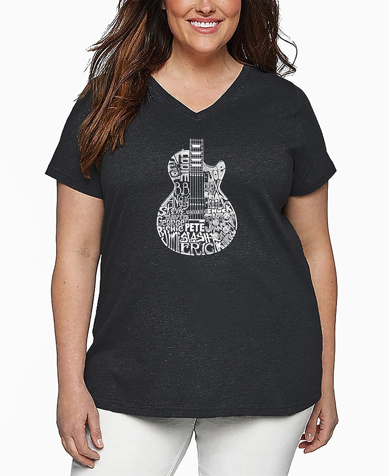 La Pop Art Plus Size Rock Guitar Head Word Art V-Neck T-Shirt
