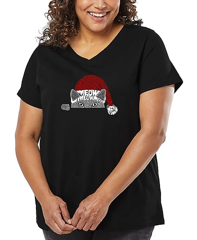 La Pop Art Plus Christmas Peeking Cat Word V-Neck T-Shirt