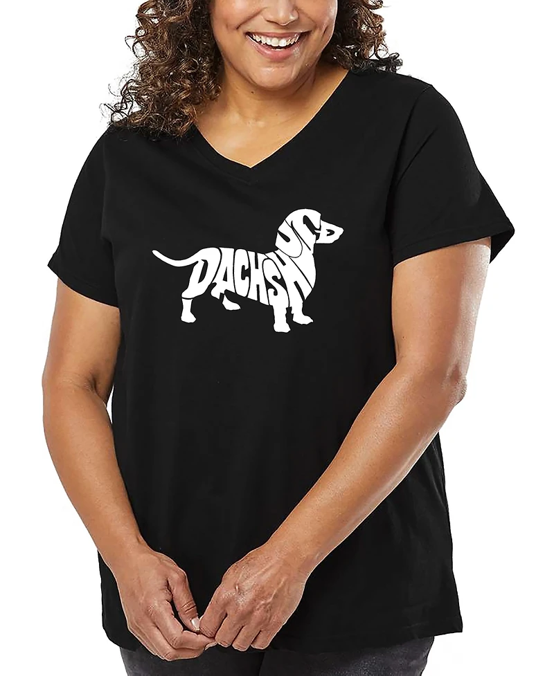 La Pop Art Plus Dachshund Word V-Neck T-Shirt