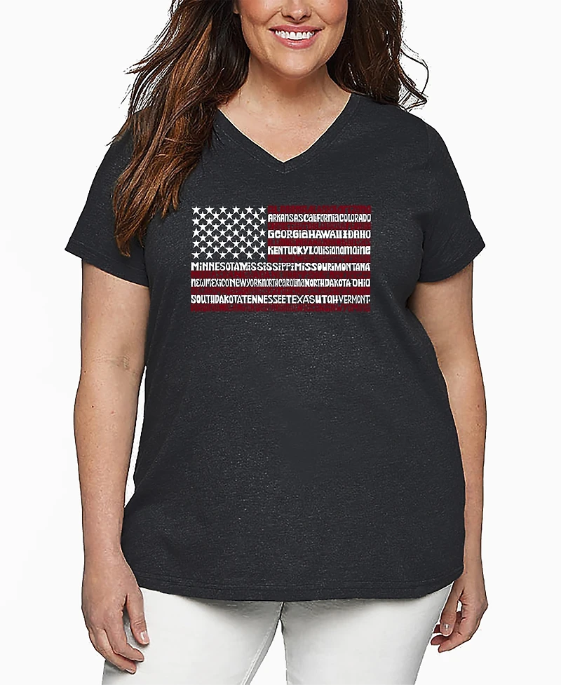 La Pop Art Plus Size 50 States Usa Flag Word Art V-Neck T-Shirt