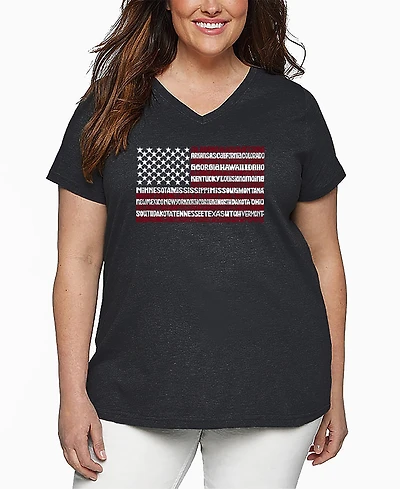 La Pop Art Plus Size 50 States Usa Flag Word Art V-Neck T-Shirt