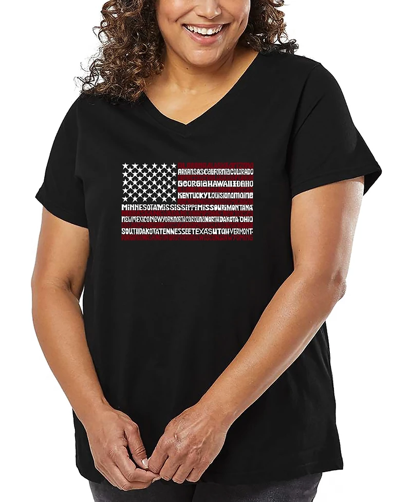 La Pop Art Plus 50 States Usa Flag Word V-Neck T-Shirt