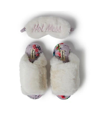 Dearfoams Women's Louise Fuzzy Cross Band Slide Slipper with Eyemask Gift Set