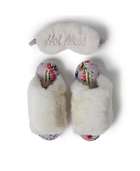 Dearfoams Women's Louise Fuzzy Cross Band Slide Slipper with Eyemask Gift Set