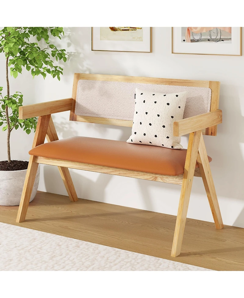 Gymax Rubber Wood Dining Bench w/Armrest Sherpa Upholstered Backrest Soft-padded Seat
