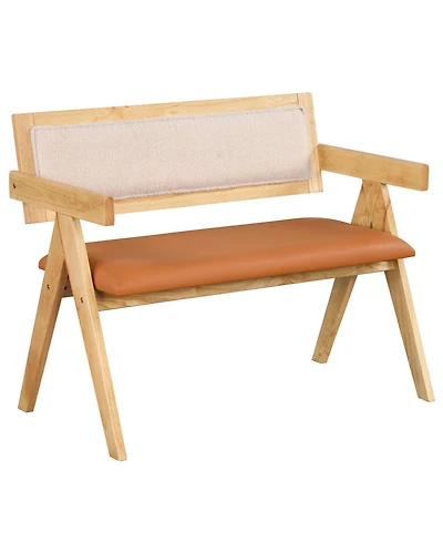 Gymax Rubber Wood Dining Bench w/Armrest Sherpa Upholstered Backrest Soft-padded Seat