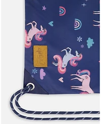 Deux par Deux Girl Drawstring Bag Navy Unicorn Print - Toddler|Child