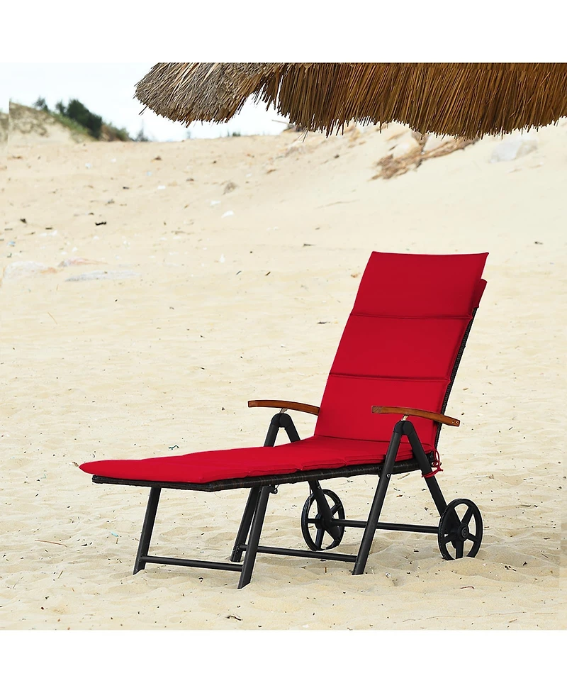 Gymax 2PCS Folding Patio Rattan Lounge Chair Chaise Aluminum W/ Wheel & Red Cushion