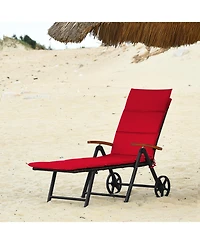 Gymax 2PCS Folding Patio Rattan Lounge Chair Chaise Aluminum W/ Wheel & Red Cushion