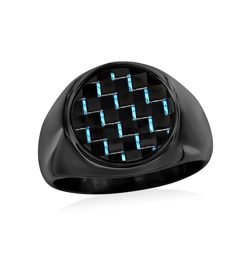 Stainless Steel, Blue Carbon Fiber Ring - Black Plated