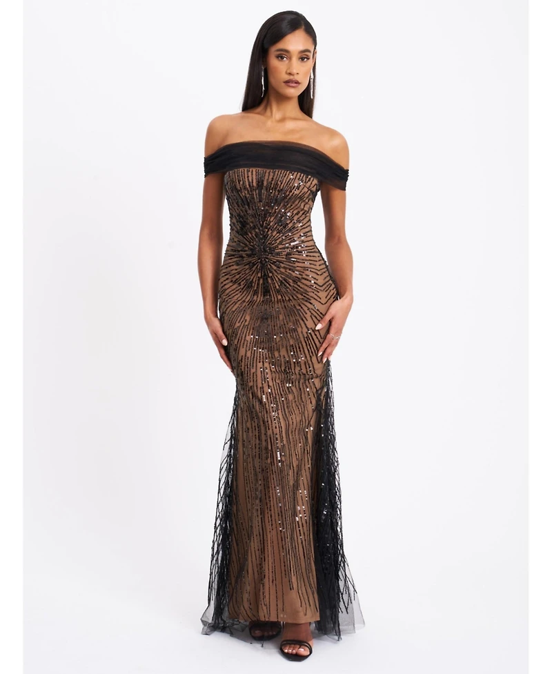 Miss Circle Women's Qeturah Embroidered Sequin Off Shoulder Mesh Gown