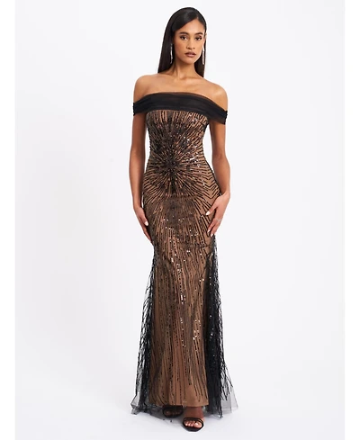 Miss Circle Women's Qeturah Embroidered Sequin Off Shoulder Mesh Gown