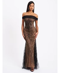 Miss Circle Women's Qeturah Embroidered Sequin Off Shoulder Mesh Gown