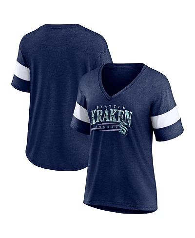 Fanatics Women's Heather Deep Sea Blue Seattle Kraken Clapper V-Neck Half-Sleeve T-Shirt