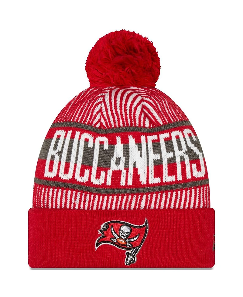 New Era Men's Red Tampa Bay Buccaneers Striped Cuffed with Pom Knit Hat