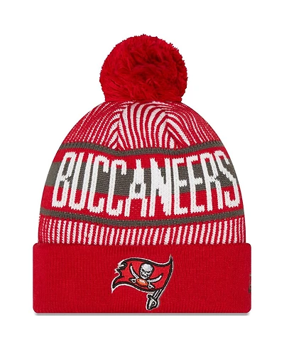New Era Men's Red Tampa Bay Buccaneers Striped Cuffed with Pom Knit Hat