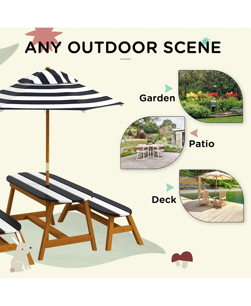 Outsunny Kids Picnic Table Set w/ Removable Umbrella for 4 Age 3-8 Years