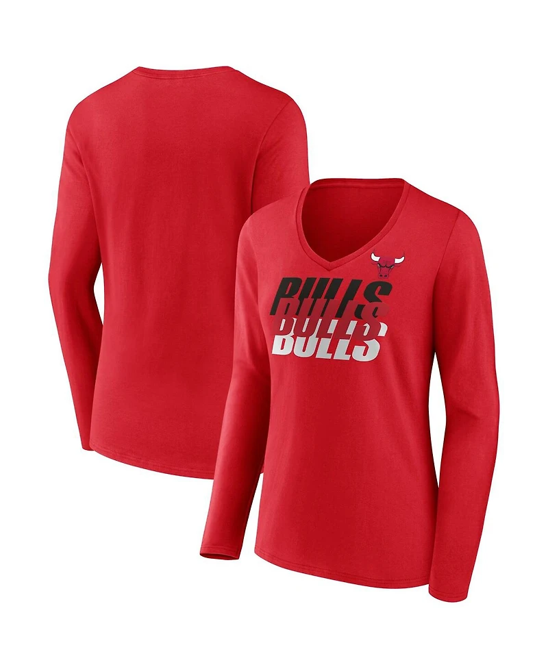 Fanatics Women's Red Chicago Bulls Iconic Tumble Long Sleeve V-Neck T-Shirt