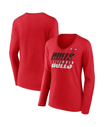 Fanatics Women's Red Chicago Bulls Iconic Tumble Long Sleeve V-Neck T-Shirt